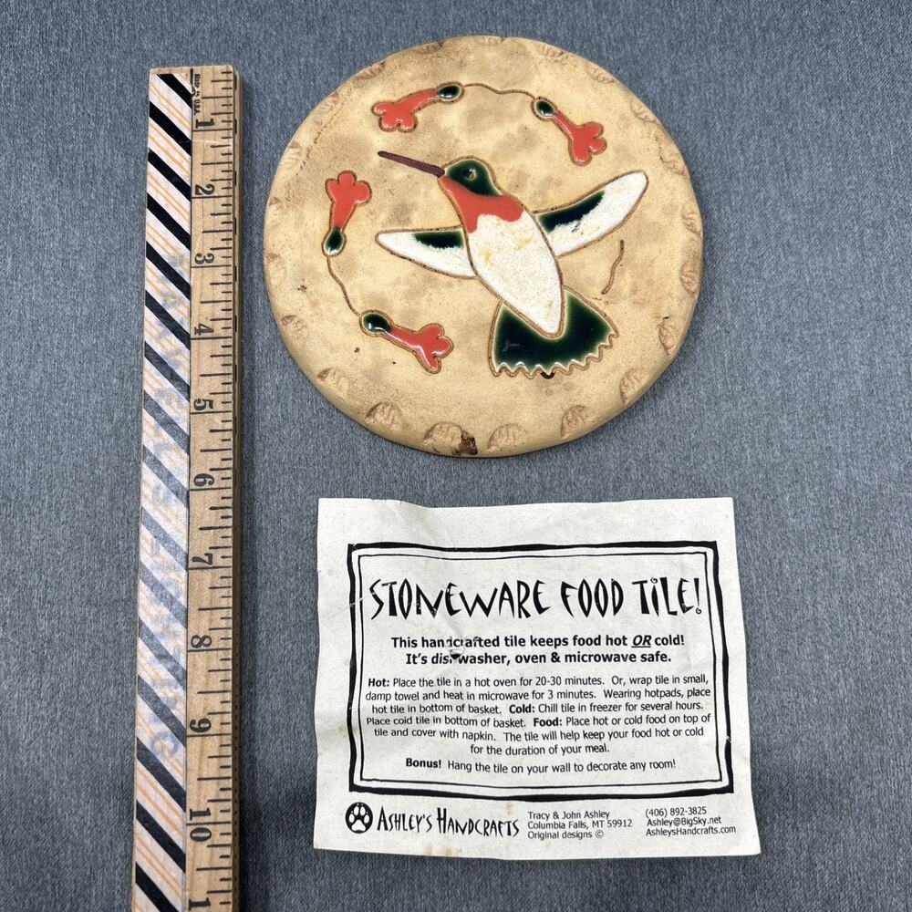 Vintage Stoneware Food Tile Hummingbird Flowers Pottery Hot Cold Plate Ashley’s - Picture 2 of 6